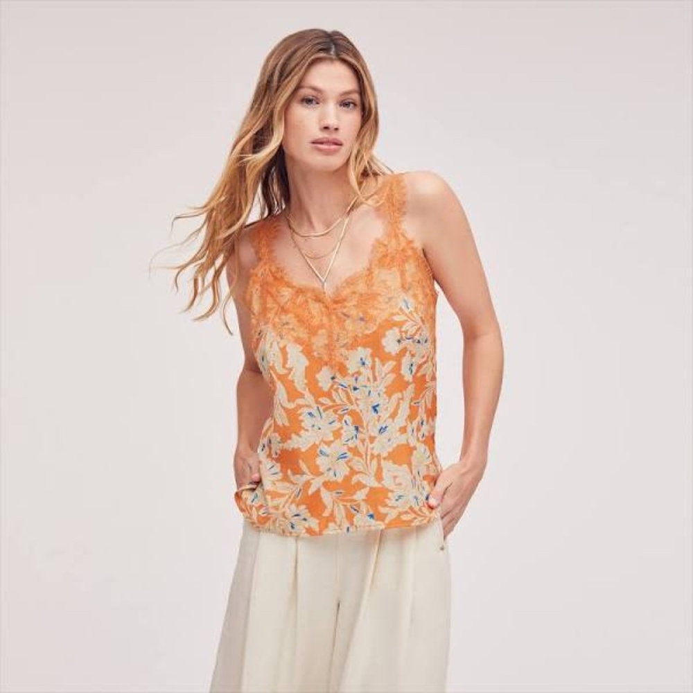 Sam Edelman Women's Palmer Floral-Print Orange Lace-Trim Tank Top Size S